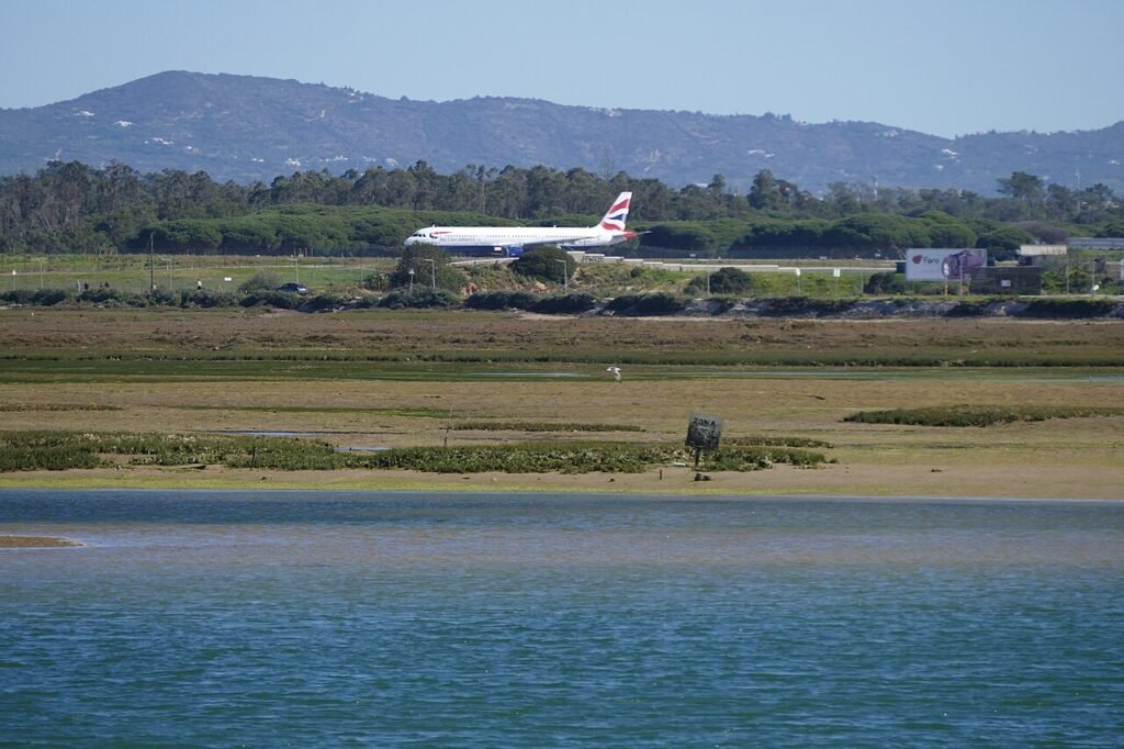 Faro Airport runway seen across the water