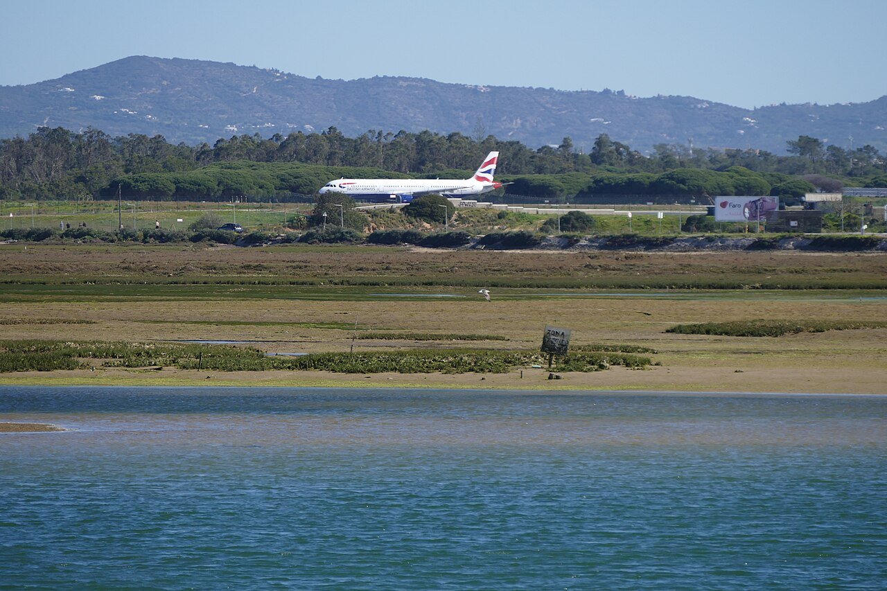 Faro Airport runway seen across the water